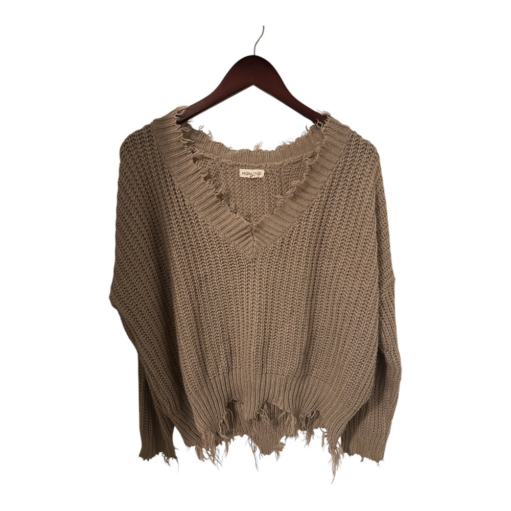 Women’s Distressed Long Sleeve Sweater By MainStrip, Tan/Beige, V Neck, Medium